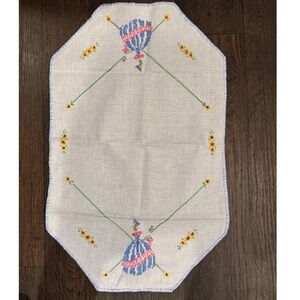Vintage 17X34 Embroidered Table Runner Crinoline Lady Sunflower White Linen Blue